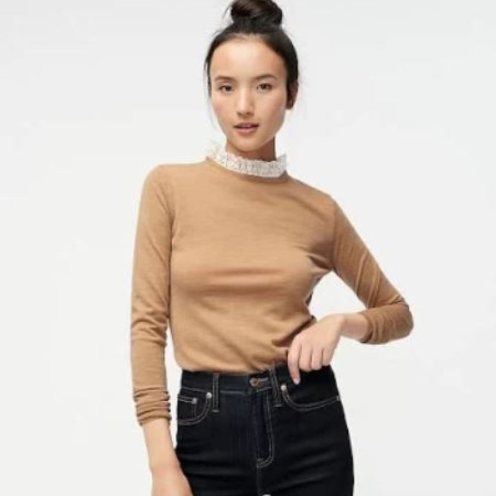 NWT J. Crew Sweater with lace collar in camel